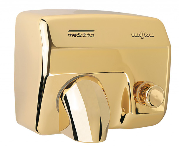 SANIFLOW Series E88O Push Button Steel Golden Chromed Hand Dryer from Saniflow - 360° Revolving Nozzle, Surface Mounted Design