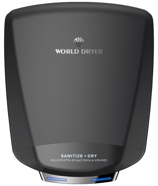 World Dryer Sanitize + Dry Black S-762A aluminum hand dryer is ADA compliant and dries hands fast in 12 seconds