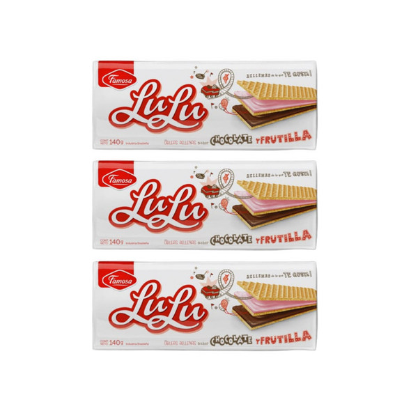 Famosa LuLu Obleas Rellenas de Chocolate y Frutilla Waffle, 140 g / 4.93 oz (pack de 3)
