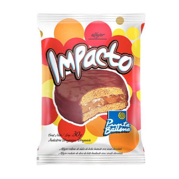Punta Ballena Alfajor Impacto Chocolate Relleno de Dulce de Leche Bañado con Chocolate, 30 g / 1.05 oz (display por 16)