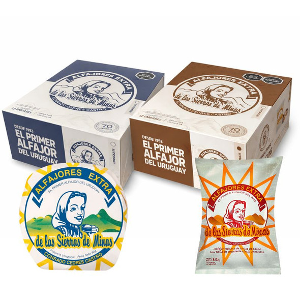 Sierras De Minas Alfajor de Chocolate y Merengue Mixed Milk Chocolate & Italian Meringue Merengue Alfajores Filled with Dulce de Leche - Alfajores From Uruguay, 60 g / 2.12 oz, 12 alfajores per box (pack of 2 boxes)