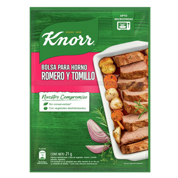 Knorr Bolsa Para Horno Sabor Romero y Tomillo Dehydrated Dressing Seasoning Powder for Oven Cooking Rosemary and Thyme Flavor - No Artificial Colorants, 21 g / 0.74 oz pouch