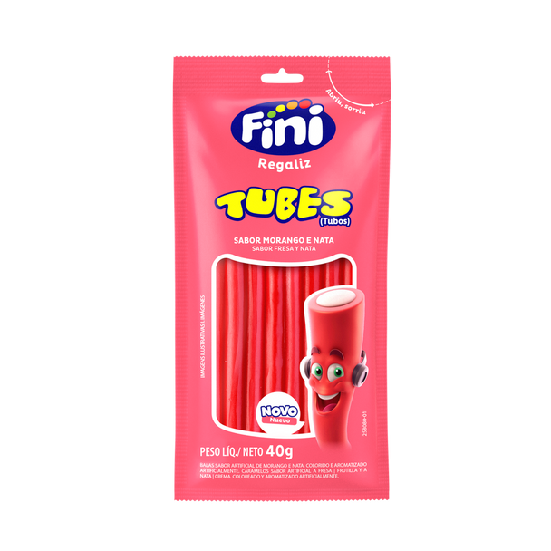 Fini Tubos de Regaliz Sabor Frutilla y Nata, 40 g / 1.41 oz (display de 10 sobres)