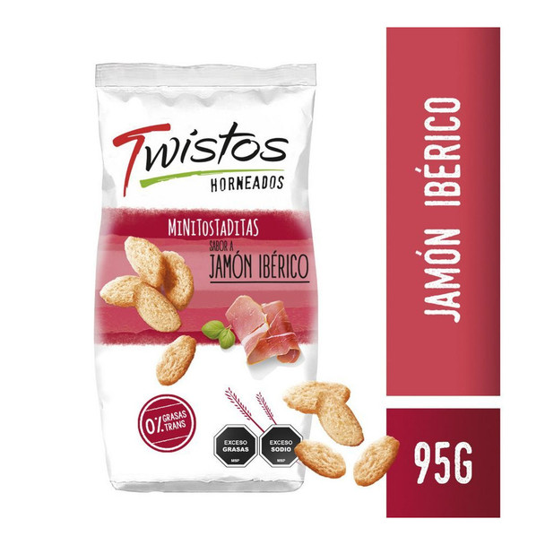 Twistos Baked Minitoasts - Iberian Ham Flavor Snack Irresistibly Crunchy Delight Horneados Sabor Jamón Ibérico, 95g / 3.35 oz