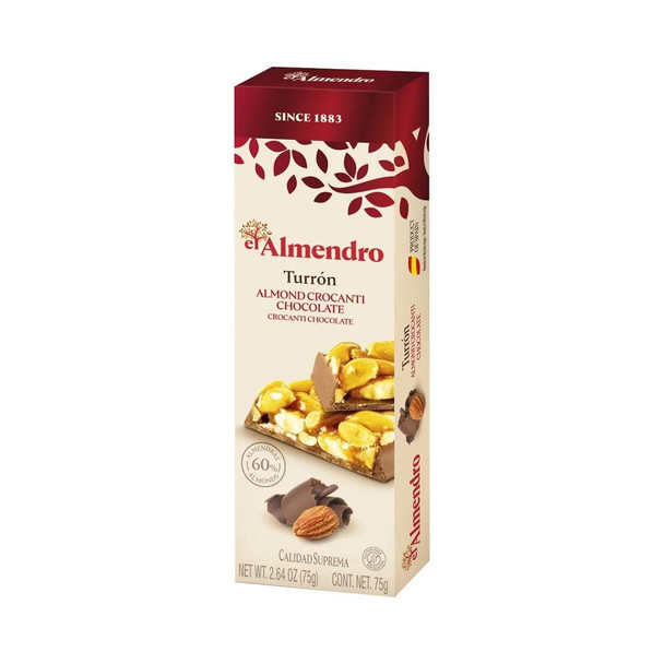 El Almendro Crunchy Almond Turron with Chocolate Confection Turrón de Almendras con Confitura de Chocolate, 75 g / 2.65 oz