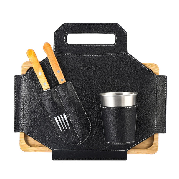 Terrano Camping Grill Set: Eco-Leather Case + Curated Eucalyptus Board + Stainless Steel Tumbler + Stainless Steel & Wood Cutlery (Various Colors Available)