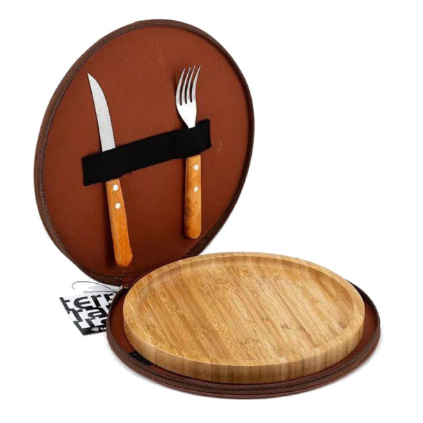 Terrano Round Grill Set with Snap Closure: Eco-Leather Case + Curated Eucalyptus Board + Stainless Steel & Wood Cutlery (Various Colors Available)