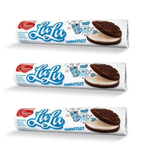 Galletitas Lulu de Chocolate Chantilly Cream Filled Chocolate Cookies from Uruguay, 115 g / 4.05 oz (pack of 3)