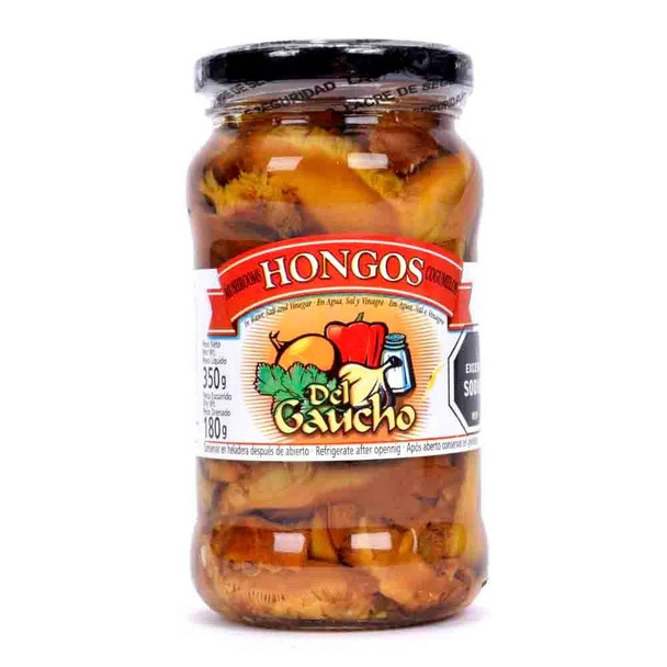 Del Gaucho Hongos al Escabeche Con Pickles Pickled Mushrooms with Mixed Pickles from Uruguay, 350 g / 12.4 oz jar