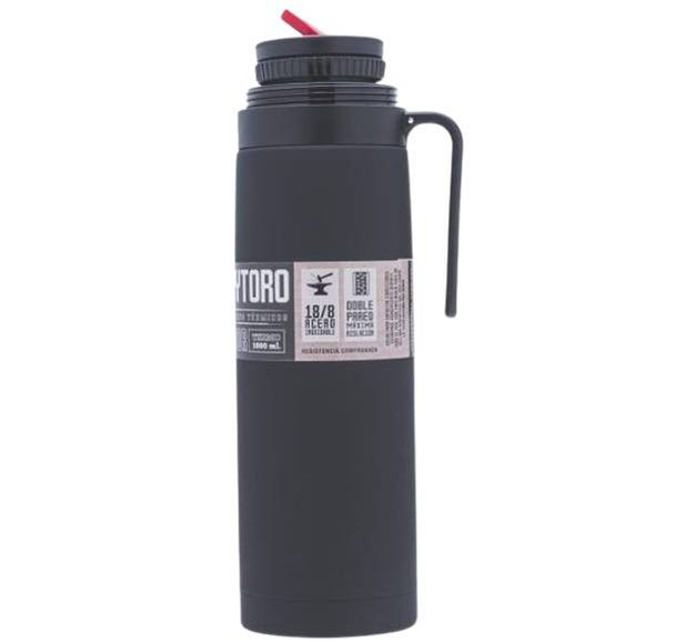 Soy Toro Termo Cebador Acero Inoxidable Negro con Pico Cebador Stainless Steel Thermos Vacuum Bottle with Pouring Beak for Mate, 1 l / 33.8 fl oz