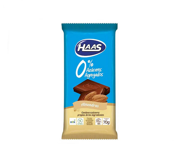 HAAS Chocolate con Leche con Almendras 0% Azúcares Agregados, 70 g / 2.46 oz
