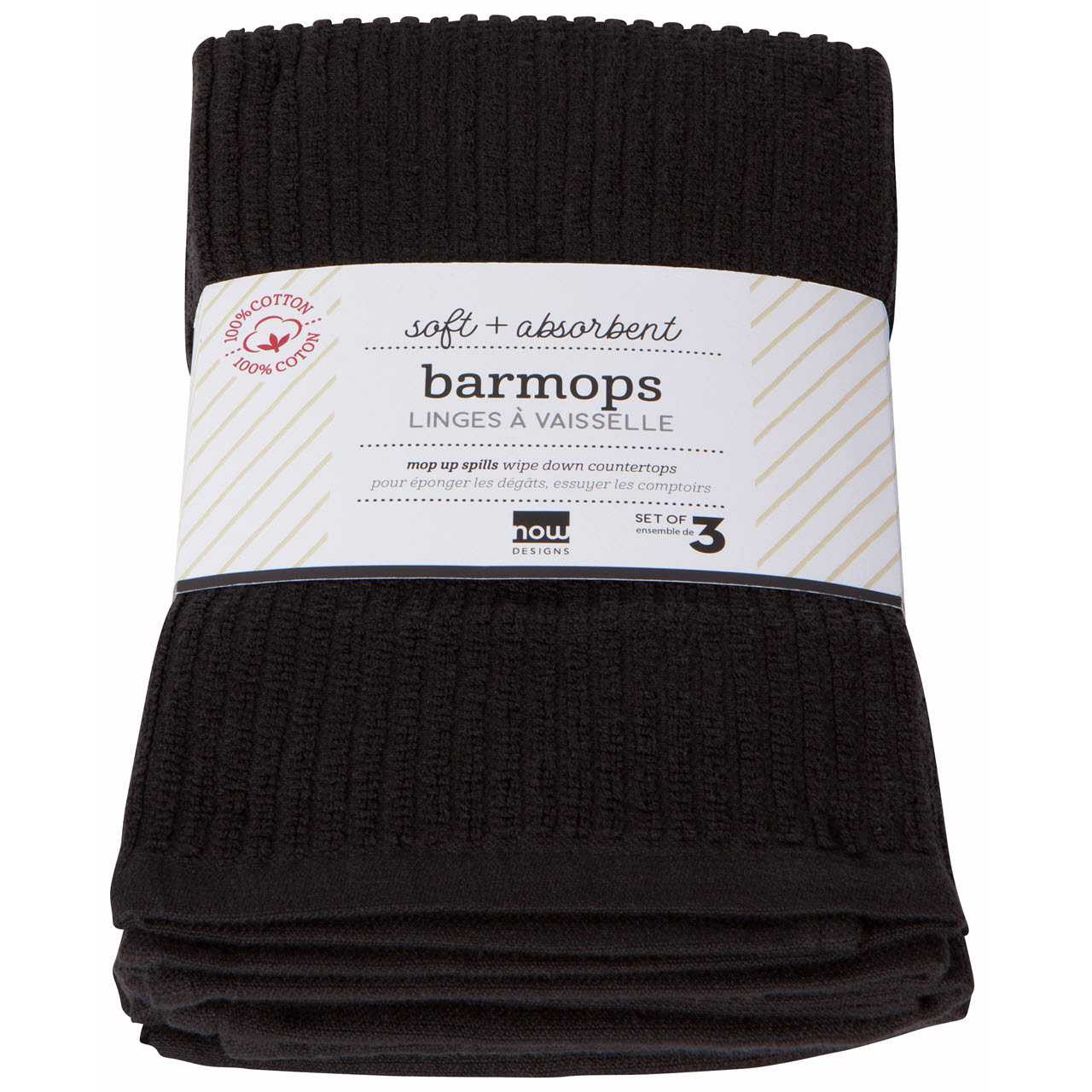 Now Designs Tea Towels, Barmop, Black - 3 towels