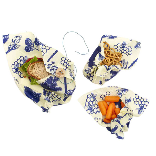 A Bee's Wrap Lunch Pack in Bees and Bears print with lunch and snacks.