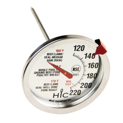 The HIC Harold Import Company analog meat thermometer with a white background