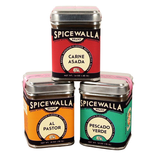 Three tins from the Spicewalla Taco Collection are stacked.