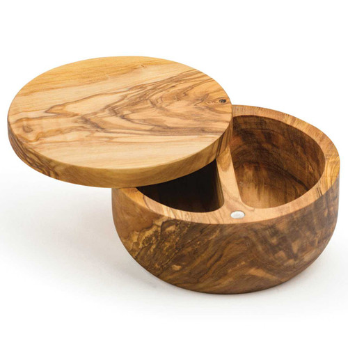 The RSVP Olive Wood Salt Box with Swivel Lid without salt