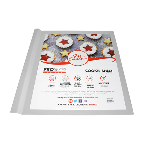 The Fat Daddio's Heavy Duty Anodized Cookie Sheet with packaging