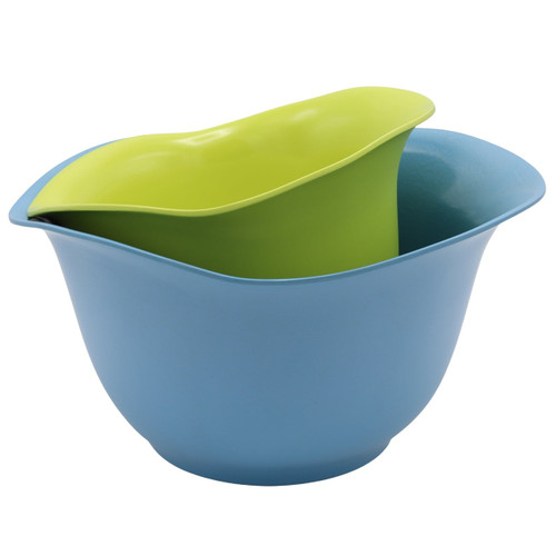 The EcoSmart Set of 2 Purelast Mixing Bowls.  In Blue and Green nested on a white background