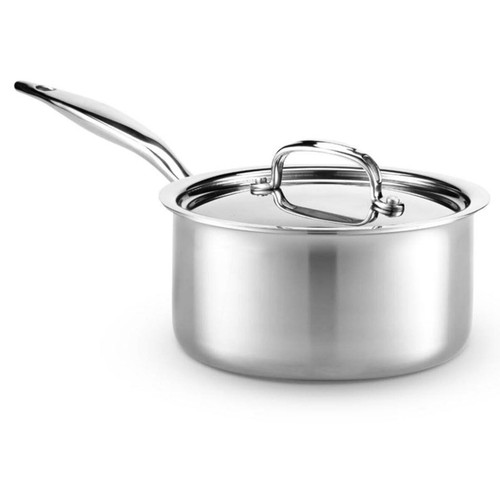 The Heritage Steel Titanium Series 3 Quart Saucepan with the lid on