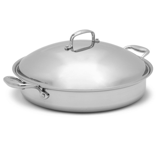 The Heritage Steel 5 Quart Sauteuse with Lid On and a white background