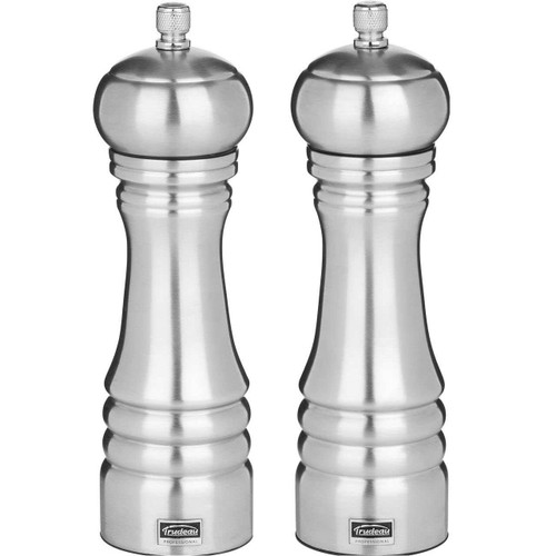 The Trudeau 8 Inch Professional Stainless Steel Salt Mill and Pepper Mill Set.