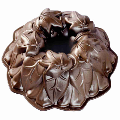 The exterior of the Nordic Ware Harvest Leaves Bundt Pan, Bronze.