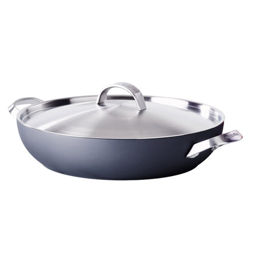 GreenPan Paris Pro 11 Inch Everyday Pan with the lid on on a white background