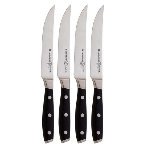 The 4 knives in the Messermeister Avanta Black Steak Knives set with a white background