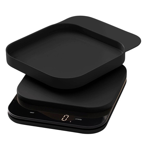 The black Rosti Mensura Kitchen scale with weighing bowl and a white background