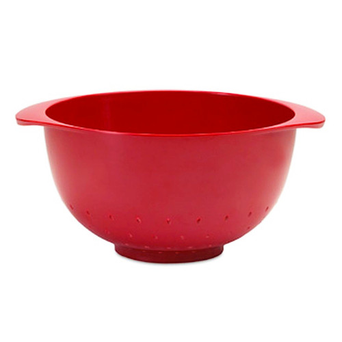 The red Rosti Margrethe Luna Red Colander with a white background