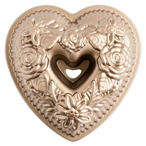 The bottom view of the Nordic Ware Floral Heart Bundt Pan