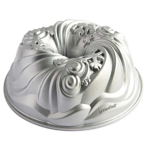 The side view of the Nordic Ware Let It Snow Bundt pan.