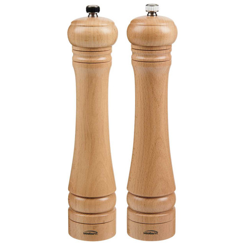 The Trudeau Capri Natural Wood Pepper Mill and Salt Mill Set side by side