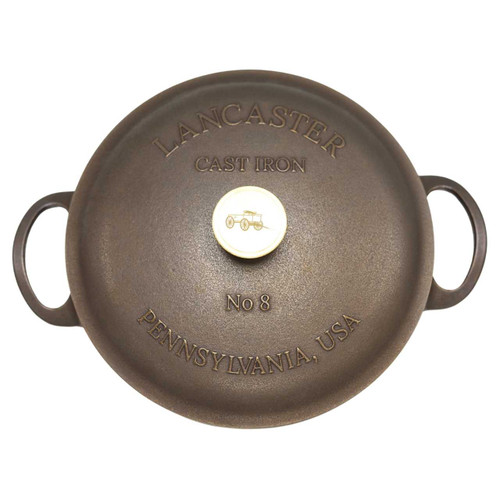 An overhead view of the Lancaster 5 Quart Cast Iron Dutch Oven with the lid on
