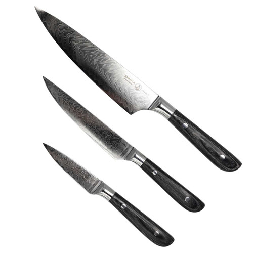 The three knives in the Messermeister Avanta Damascus Starter Knife Set