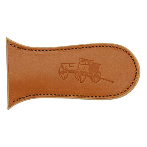 The top of the Lancaster Cast Iron Skillet Handle Cover with the stamped wagon logo