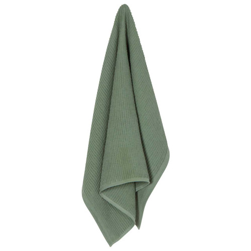 A Now Designs Ripple Elm Green Dish Towel hanging