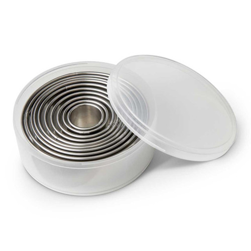 The Mrs. Anderson's Baking Round Dough Cutters Set in the reusable storage case.