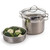 The RSVP International Stainless Steel Multipurpose Cooker with steamer basket filled with broccoli and cauliflower