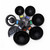 An overhead view of the Fox Run black 7 piece measuring cup set with egg separator