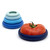 The five sizes of the Food Huggers in Ice Blue stacked and hugging a tomato