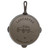 An overhead view of the bottom of the Lancaster No 10 cast iron skillet with the wagon logo
