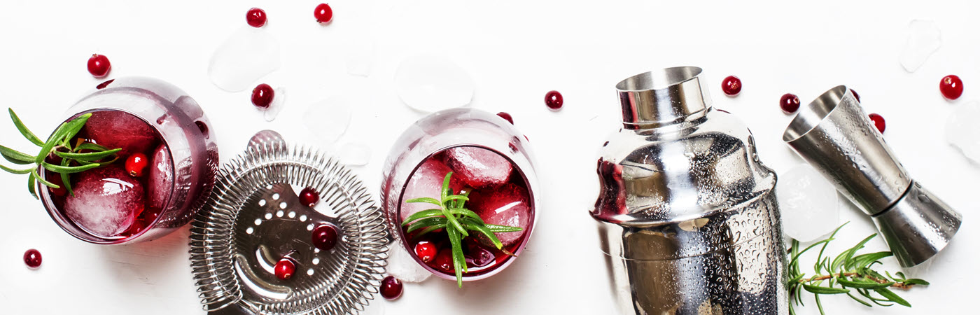 Cocktail shaker, strainer, jigger, and cocktails