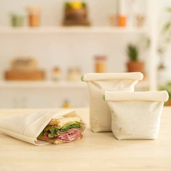 Food wrapped with the Bee's Wrap beeswax wraps in honeycomb print