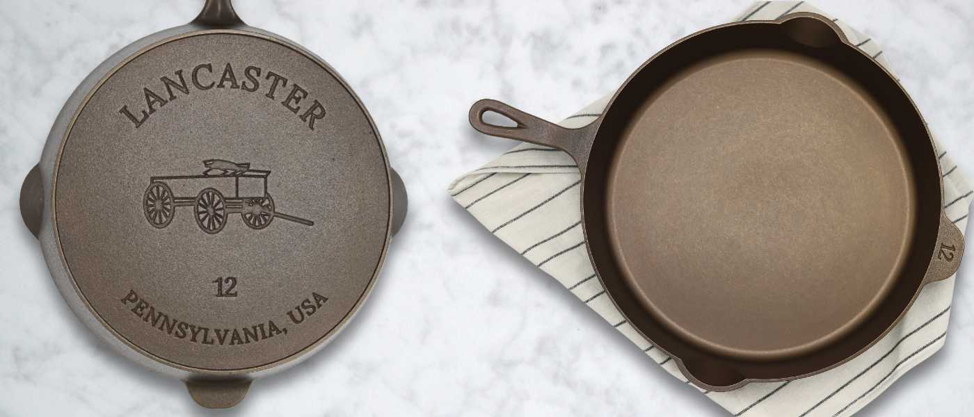 The Lancaster No. 12 Cast Iron Skillet on a marble counter