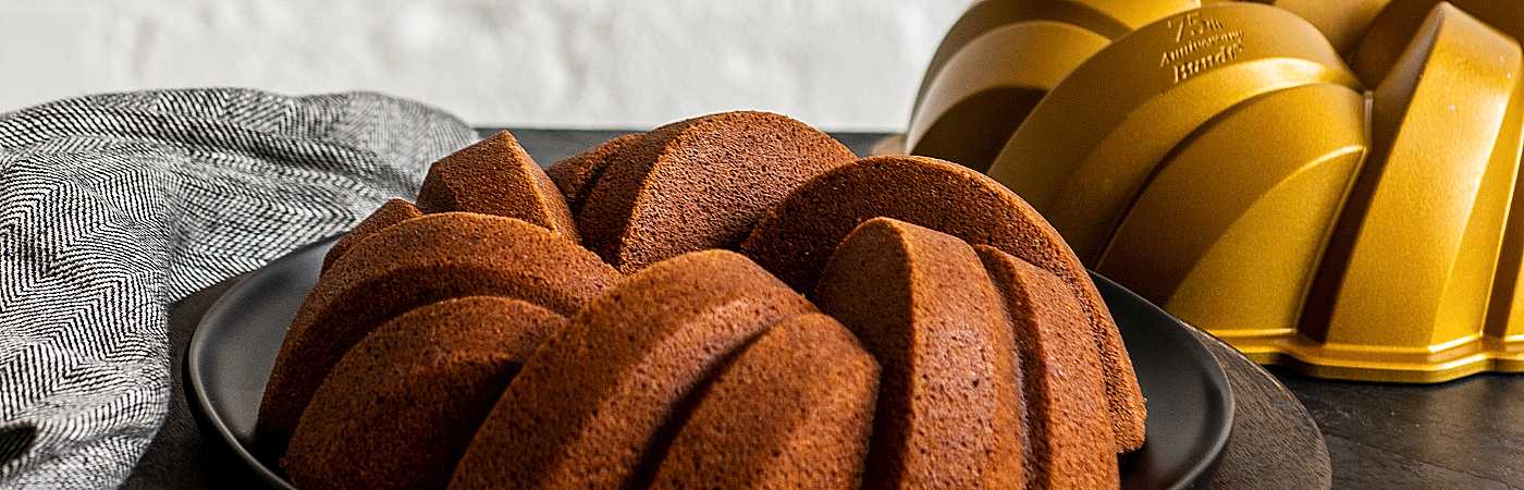 A close up of a cake baked in the Nordic Ware 75th anniversary Bundt pan