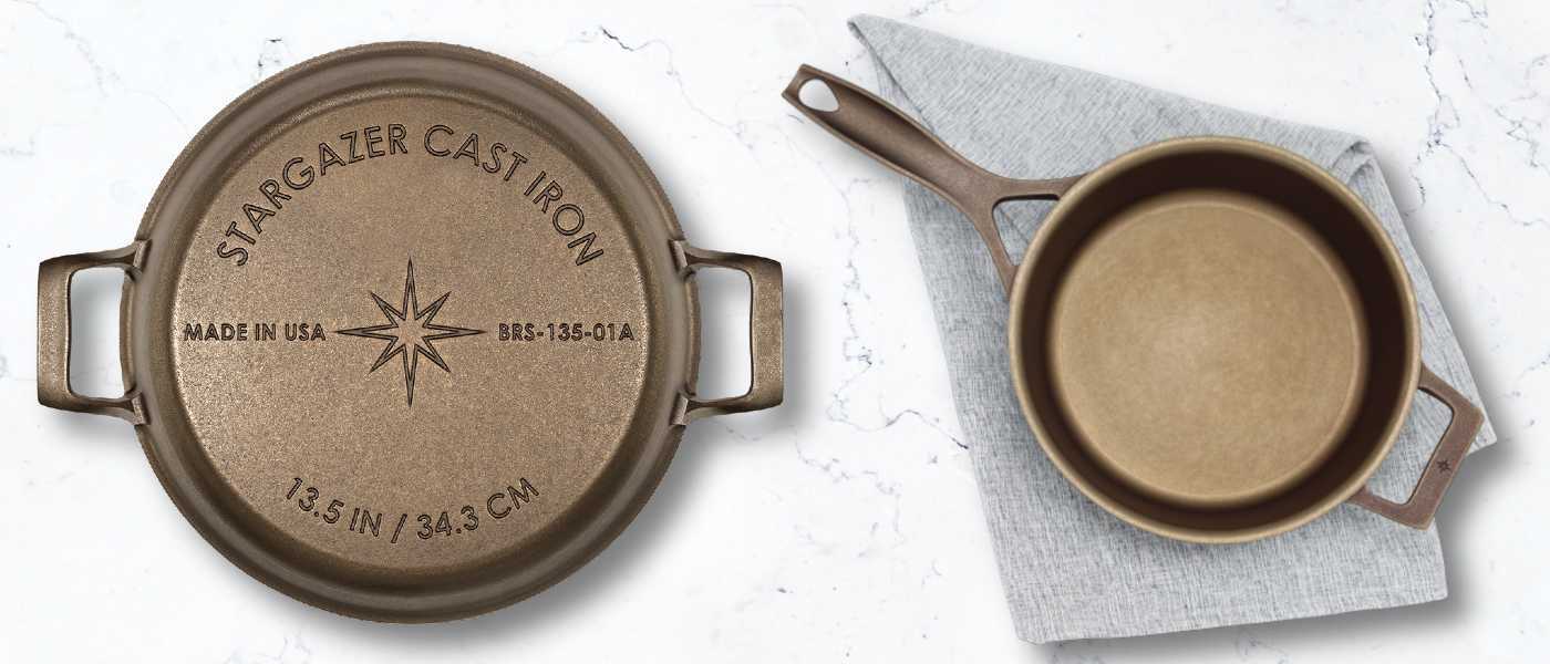 The Stargazer 12 Inch Cast Iron Skillet and the 13.5 Braiser on a marble counter