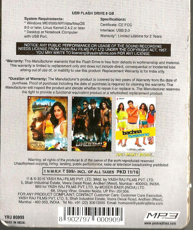 The Best Of 2004-2016 -150 YRF Audio Songs - 8 GB storage