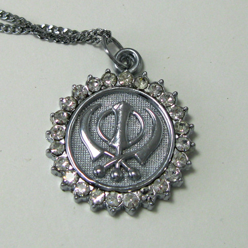 Silver Colored Khanda Pendant with Crystals