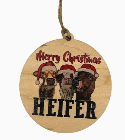 Wooden Christmas Ornament, Merry Christmas Heifer with 3 Cows in Santa Hats, 3.25 in